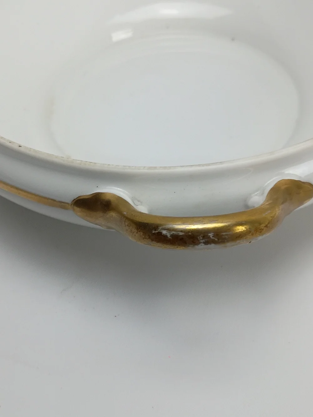 White Porcelain Covered Serving Bowl with Gold Handle